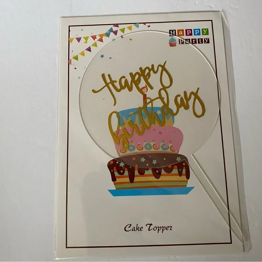 Happy birthday cake topper gold calligraphy acrylic plexi glass-4” 5 pack